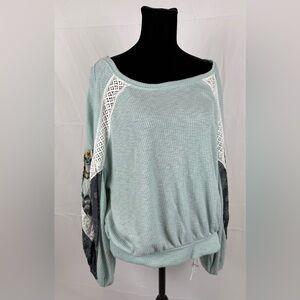 Free People Casual Clash Balloon Sleeve Mint Green Boho Blouse Size M